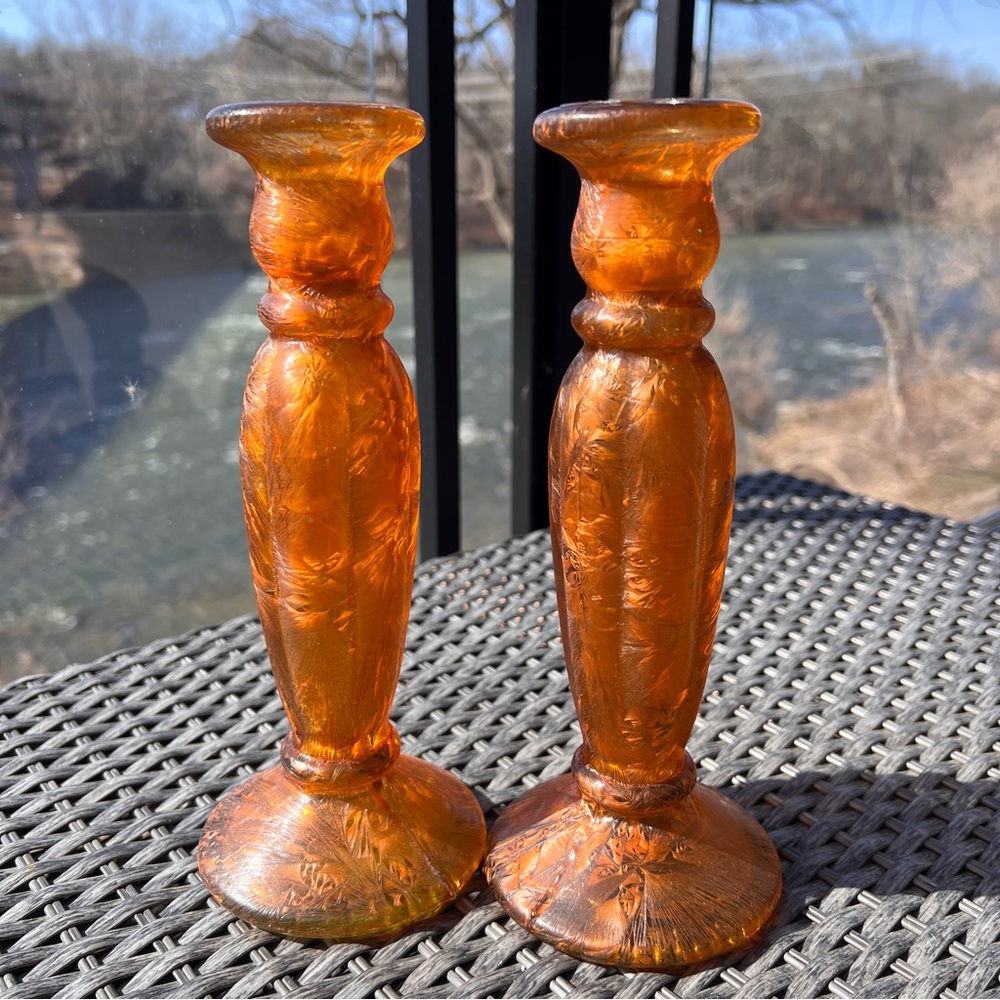 Glass Candle Holders Vintage‎ Orange Unmarked Crackled Effect 23" Height